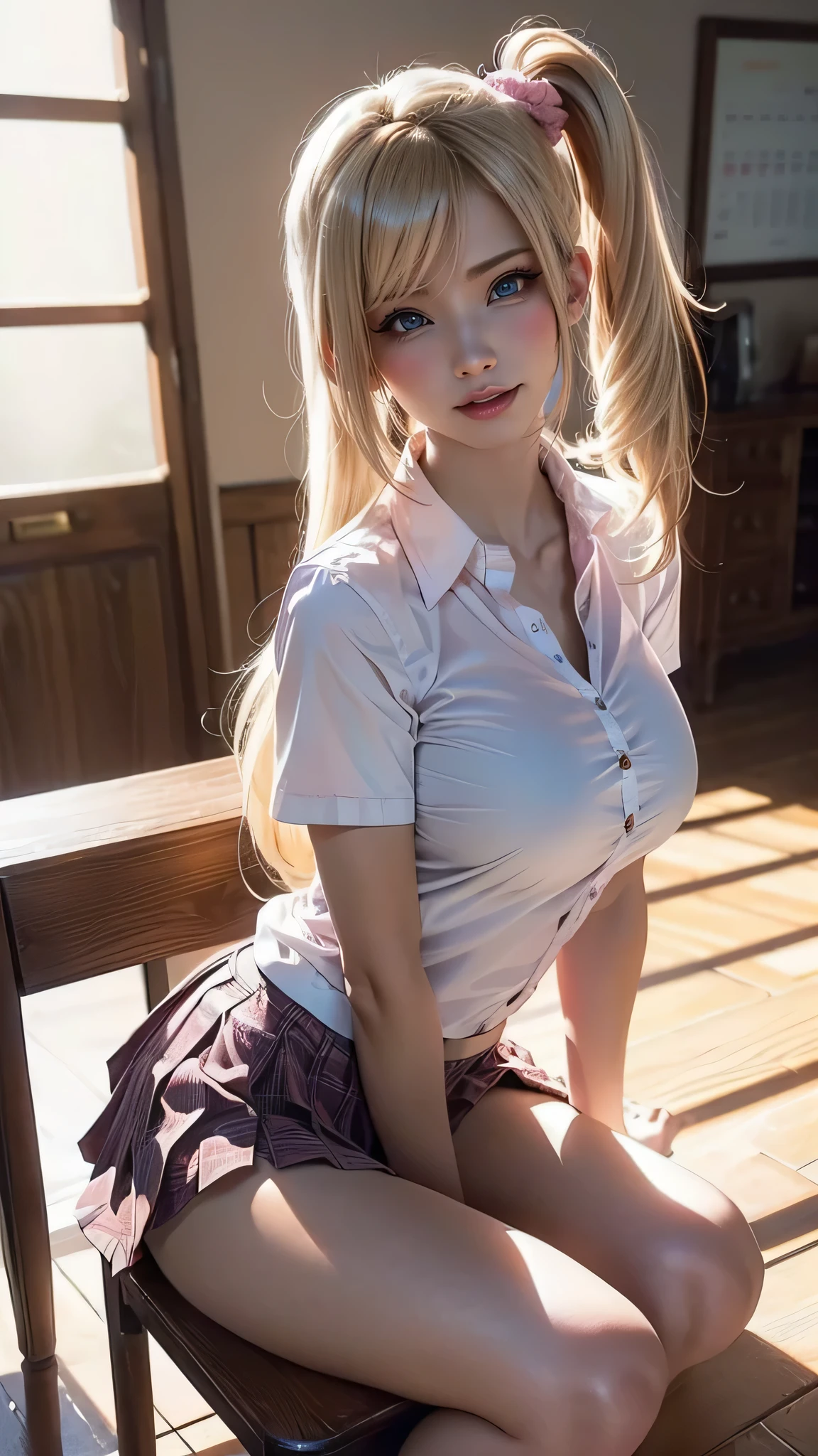 Camisa blanca、Bragas negras、bent over、llorando、triste, Teary, Tetas colosales、cuerpo muy delgado、schoolwear、mirajane, de perfil, pezones marcados, pecho desnudo