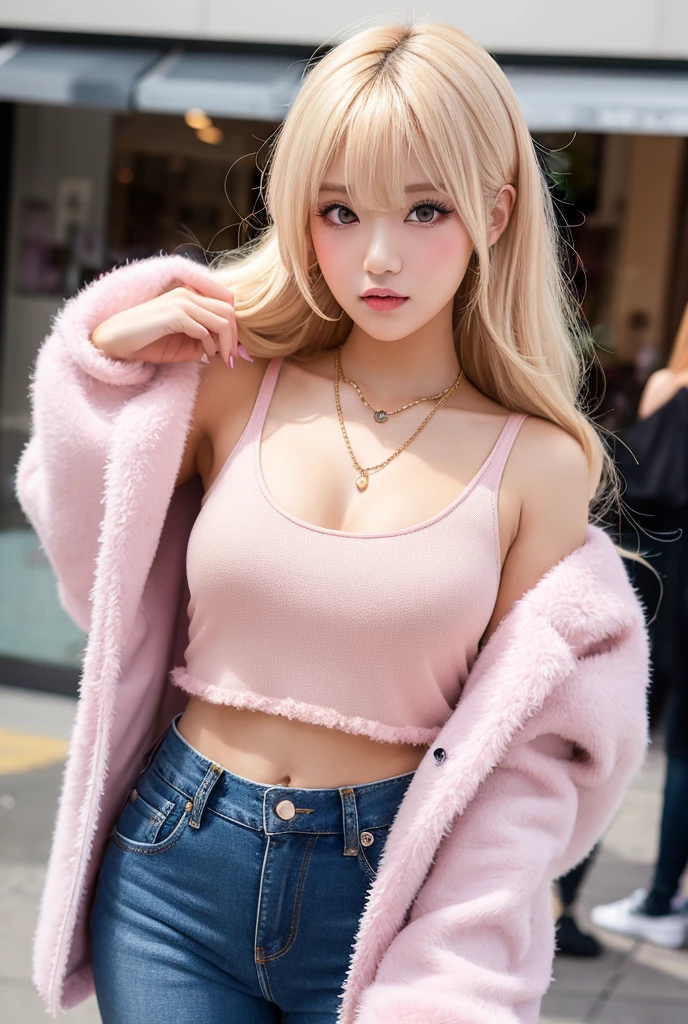 blonde、curly hair、gal makeup、fluffy eyelashes、big breasts、Are standing、valley、stand up、long legs