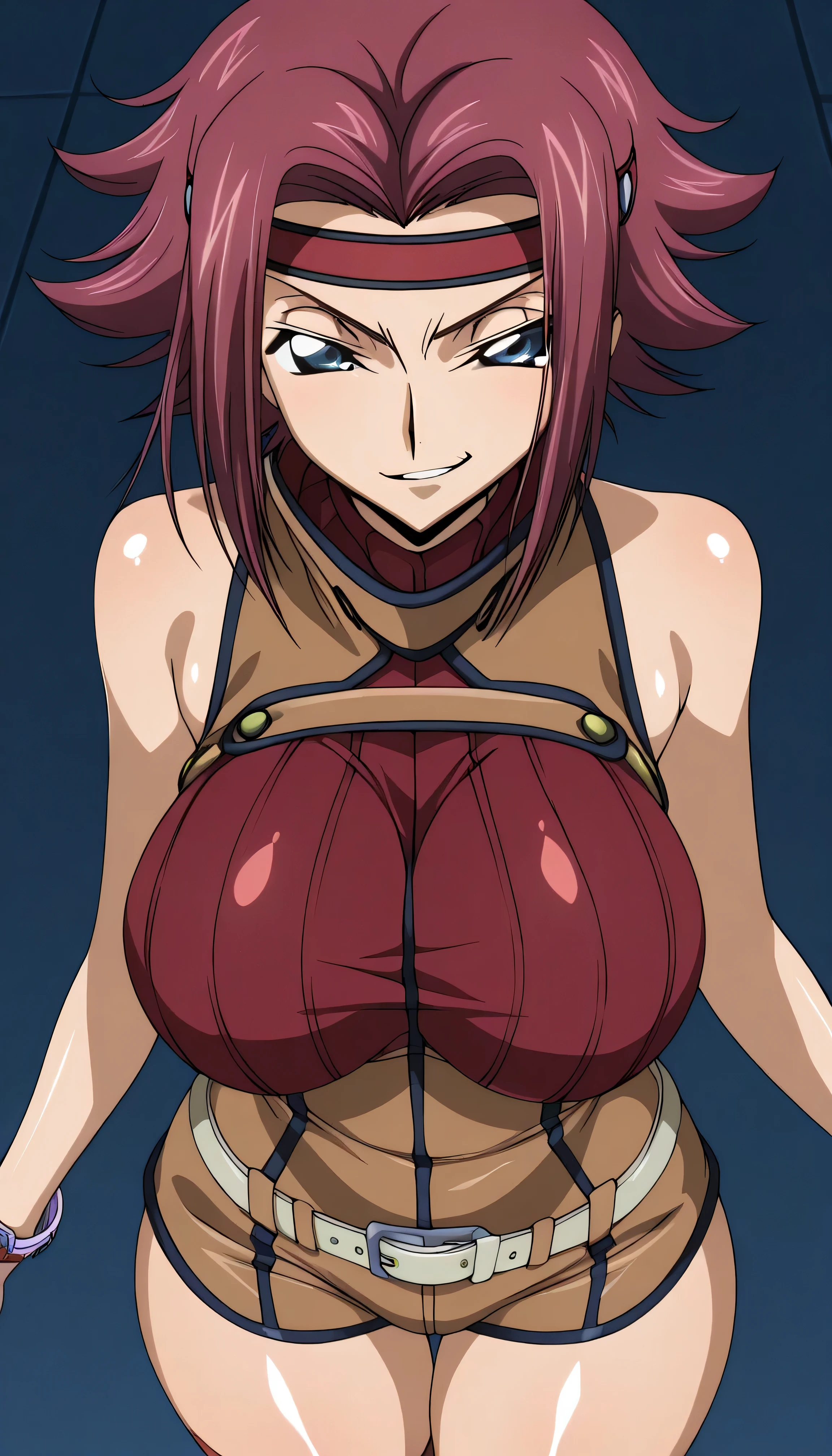 code gias: Lelouch of the Rebellion/Kallen Stadtfeld, blue eyes, Red hair, shorthair,
Red hair, Spike Hair, shorthair, side lock, blue eyes, Red Headband, bare skin shoulders, red turtleneck from above, sleeveless turtleneck on the back, Brown Jumpsuit, , belly on, White Belt, brown shorts, , Red thighs,, ,, Watch Viewers, , (shiny skin:1.5), cowboy shot, smile,Indoor,big boobs,big thighs,,(smirk:1.5),Watch Viewers,anime style,High Quality,masterpiece,very detailed,0bc1w