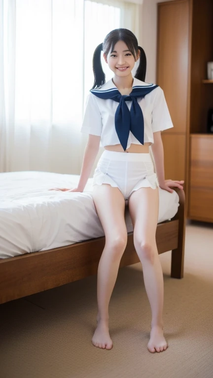 Best quality, masterpiece, detailed, one girl, cute girl, white panties, lying, spread legs, white hair, blue sailor skirt, sailor suit, black over knee socks, long hair, large breasts, show off nipple, no shoes, on bed, detail, 4k, good pupil, 4k, detailed