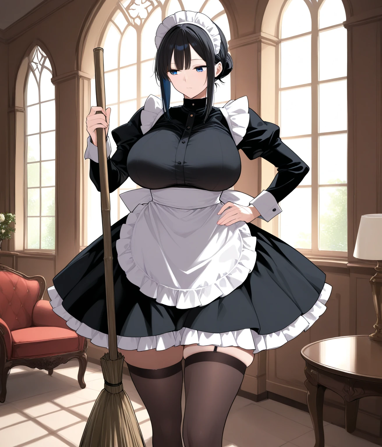 Woman in traditional maid uniform, black clothes, white apron, black hair, pigtails, yellow eyes, large breasts, full body, black boots, black gloves, holding a mop, smiling, in a room of a modern house,( solo woman), glow, drop shadow, flower, UHD, masterpiece, accurate, anatomically correct, textured skin, super detail, high quality, best quality, 8k, high resolution