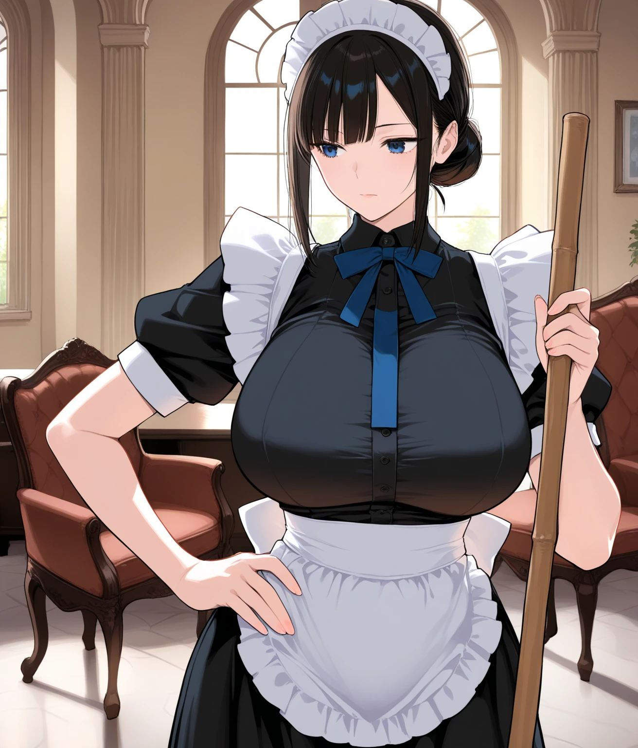 A mansion, a serious-looking maid, 28 years old, narrow eyes, black hair, neat hairstyle, well-endowed, big breasts, mature woman, show your forehead, Meticulous personality