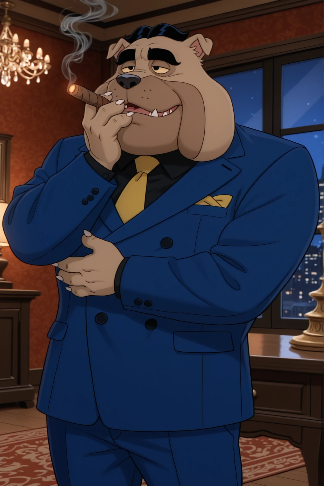 detailed background, detailed fur, cowboy shot, dynamic pose, dynamic angle, solo, 1boy, adult, BugsyVile, bulldog, mature, bedroom eyes, ((very expressive)), ((hand movement)), blue coat, blue pants, black dress shirt, yellow tie, yellow handkerchief, black hair, smoking cigar, gangster aura, opulent modern living room, surrounded by luxurious details: floor-to-ceiling windows overlooking a city skyline at dusk, a crystal chandelier casting warm light, a marble fireplace with a gilded mirror above it, a low table with a crystal decanter, majestic aura, dramatic chiaroscuro lighting from the window and chandelier highlighting his fur texture and suit details, detailed scenery, detailed background, masterpiece, 4k resolution, 8k resolution, best quality, very aesthetic, newest, masterpiece, best quality, amazing quality, very aesthetic, absurdres, newest, high res, ultra detailed, best quality, best artwork, detailed eyes, (eyes focus), black eyes, perfect eyes, big iris, pupils visible, 4k, ultra quality, perfect face, 4fingers, anthro hands, claws, absurdres,masterpiece,best quality,amazing