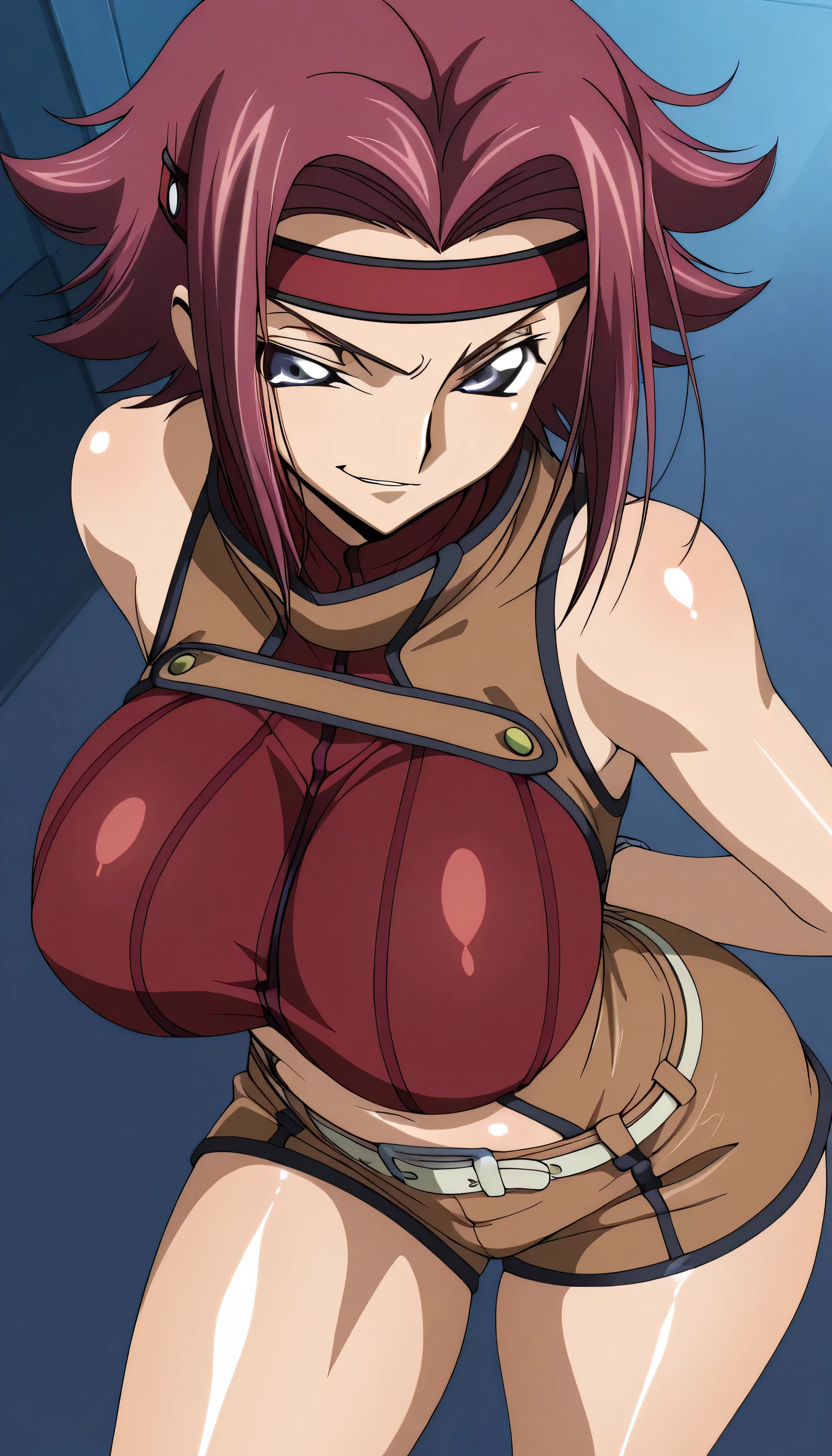  code gias: Lelouch of the Rebellion/Kallen Stadtfeld, blue eyes, Red hair, shorthair,
Red hair, Spike Hair, shorthair, side lock, blue eyes, Red Headband, bare skin shoulders, red turtleneck from above, sleeveless turtleneck on the back, Brown Jumpsuit, , belly on, White Belt, brown shorts, , Red thighs,,  ,, Watch Viewers, , (shiny skin:1.5), cowboy shot, smile,Indoor,big boobs,big thighs,,(smirk:1.5),Watch Viewers,anime style,High Quality,masterpiece,very detailed,0bc1w