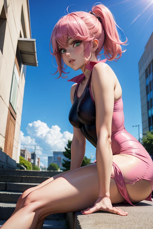 The bikini、Night、Night town、Neon glowing town、Showa townscape、Under the streetlight、Red dress、Pink hair、nighttime scene、cleavage of the breast、(8K, top-quality, ​masterpiece:1.2), (realisitic, Photorealsitic:1.37), ultra-detailliert, 1 girl in, Whole body esbifa layer、cute little、独奏、Beautiful detailed night sky、(A smile:1.15)、(Mouth closed)、tiny chest、Eyes in Beautiful Details、（short-hair：1.2）、Floating Hair NovaFrogStyle、masuter piece、Pink Shortcut Bob、Realistic rabbit ears、Pink realistic rabbit ears、Realistic ears of rabbits sticking out of the head、Pink hair、Beautiful girl in her 20s、Bewitching atmosphere、Beautiful shaped hands、K-POP、Pink rabbit ears、1 girl in、独奏、​masterpiece、top-quality、realisitic、Hyper-detailing、(Glossy skin:1.4)、absurderes、short pink hair、Slender beauties、动态照明、hight resolution、foco nítido、depth of fields、(thick thight:1.0)、A slender :1.2，((Short-cut bob hair))、((k pop:1.3))，Highly detailed facial and skin texture、((魅惑的))，Anatomically correct number of fingers，Correct anatomy