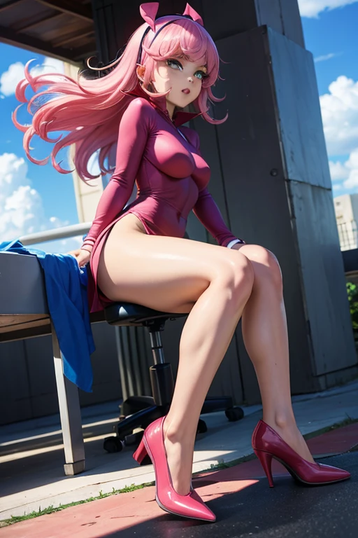 Happy , with wolf ears and pink hair, holding her cheeks, wolf tail, wearing a latex dress, looking at veiwer, full body, you can see her chest, naked breasts