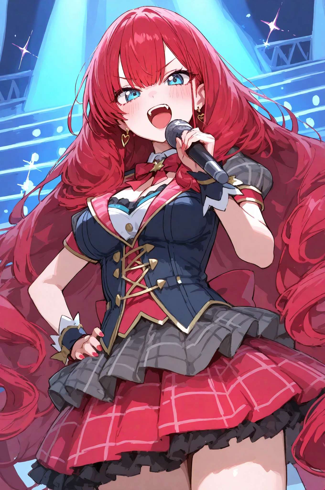 masterpiece,best quality,highres,cinematic lighting,dramatic angle,1girl,<lora:ShadowverseTidalGunnerV1:1:OUTSTYLE>,twintails,red hair,red eyes,hair ribbon,goggles,huge breasts,thick thighs,skindentation,looking at viewer,portrait,close-up,seductive pose,on performance stage,colorful highlights,Stage lighting,microphone,fishnet,garter straps,idol costume,:d,holding guitar
