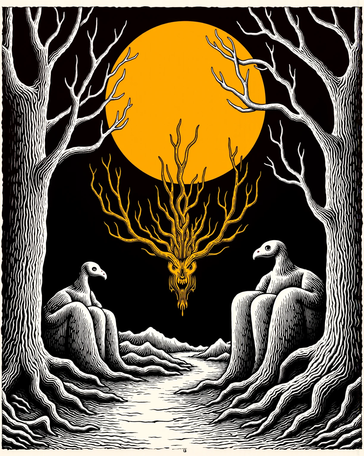 a woman standing on top of a boat next to a mermaid , 1girl, long hair, multiple girls, holding, standing, flower, red hair, sky, barefoot, cloud, water, night, ocean, moon, cat, monster girl, star (sky), night sky, full moon, starry sky, horizon, branch, holding flower, mermaid, waves, surreal, fine art parody