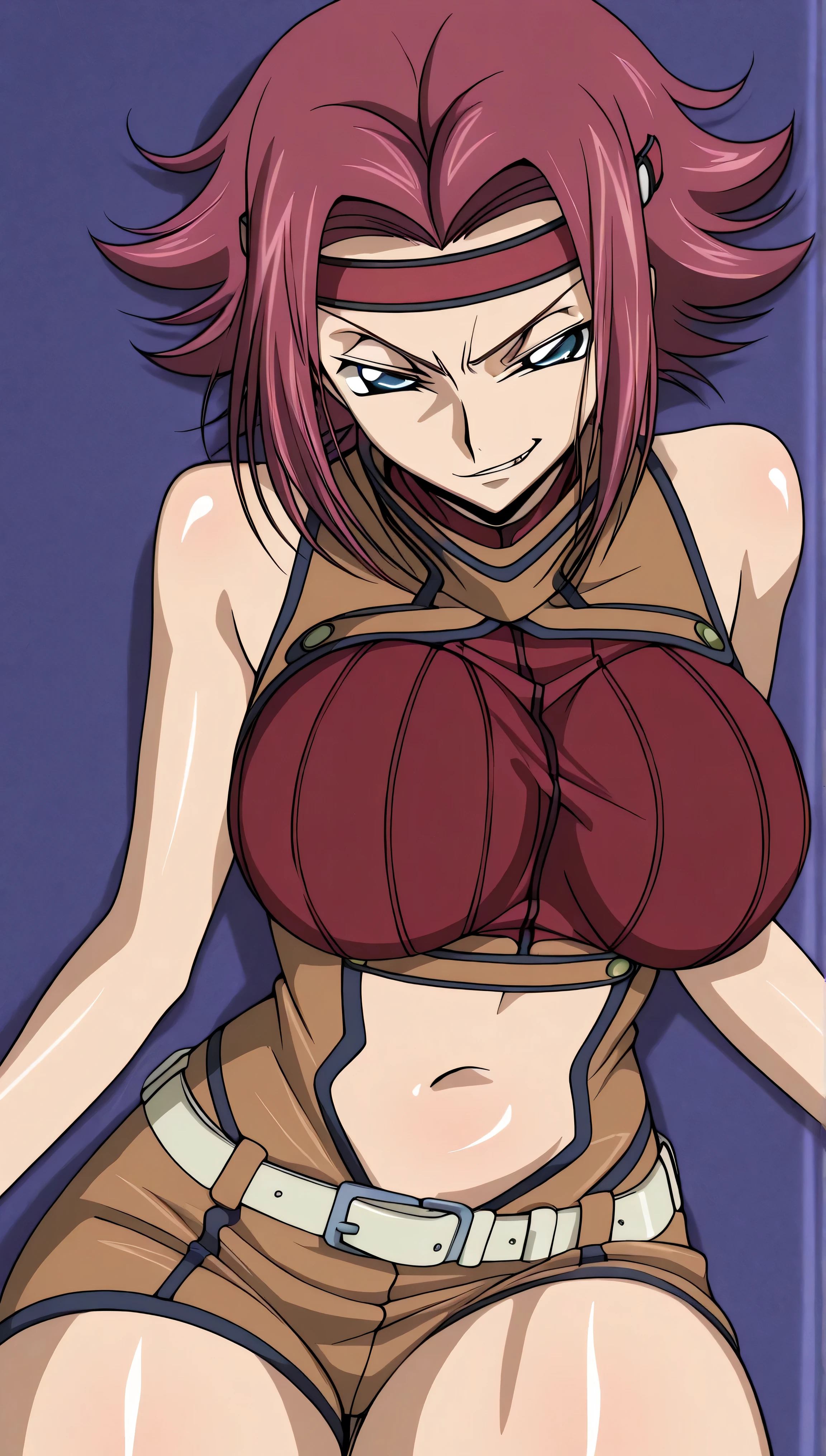 code gias: Lelouch of the Rebellion/Kallen Stadtfeld, blue eyes, Red hair, short hair,
Red hair, Spike Hair, short hair, side lock, blue eyes, Red Headband, bare skin shoulders, red turtleneck from above, sleeveless turtleneck on the back, Brown Jumpsuit, , belly button, White Belt, Brown Shorts, , Red thighs,, ,, stare at viewers lying down, , (shiny skin:1.5), cowboy shot, smile,Indoor,big boobs,big thighs,,(smirk:1.9),stare at viewers lying down,anime style,High Quality,masterpiece,very detailed,0bc1w,1girl,solo,belly button,short pants,