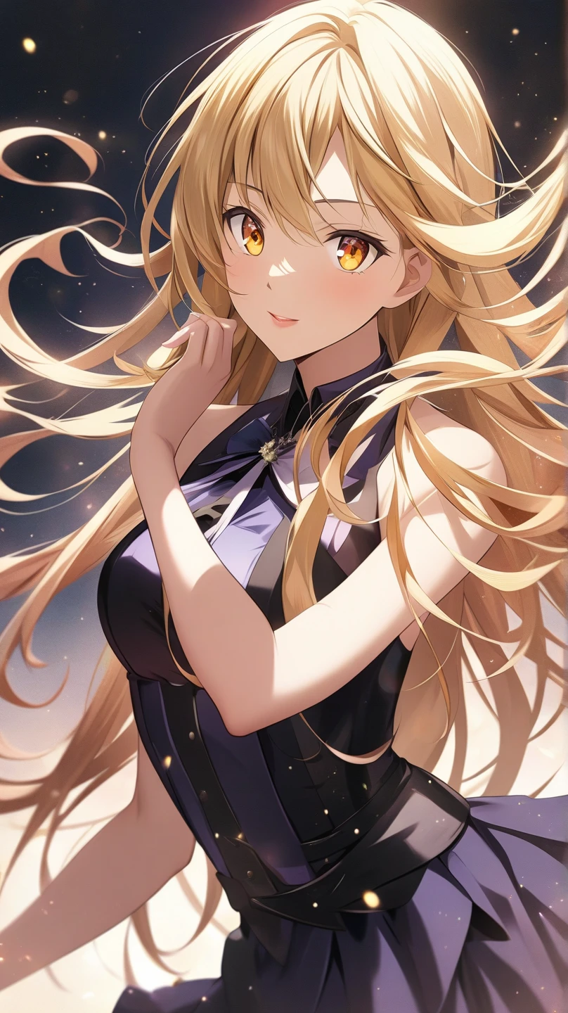 １people々々々々々々々々々,Woman with medium length blonde hair，Fox Ears，Long coat，Takageta， Dress Silhouette， Rear View，Space Sky, Flower Field，Colorful flowers，Dancing Petals，