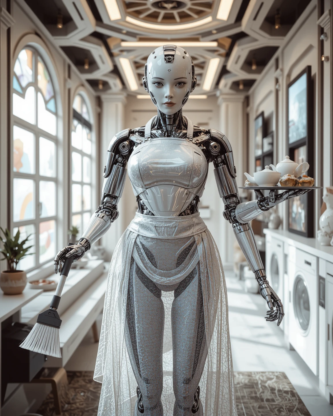 Housework Queen” — a majestic AI master of order, Kontrolle und Anmut. She wears a translucent apron made of nanofiber fabric, that shimmers in the light like morning dew. In one hand she holds a floating mopping stick, the UV light and disinfectant mist emits. In the other a floating serving plate with gourmet dishes — from algorithms composes, With poetry