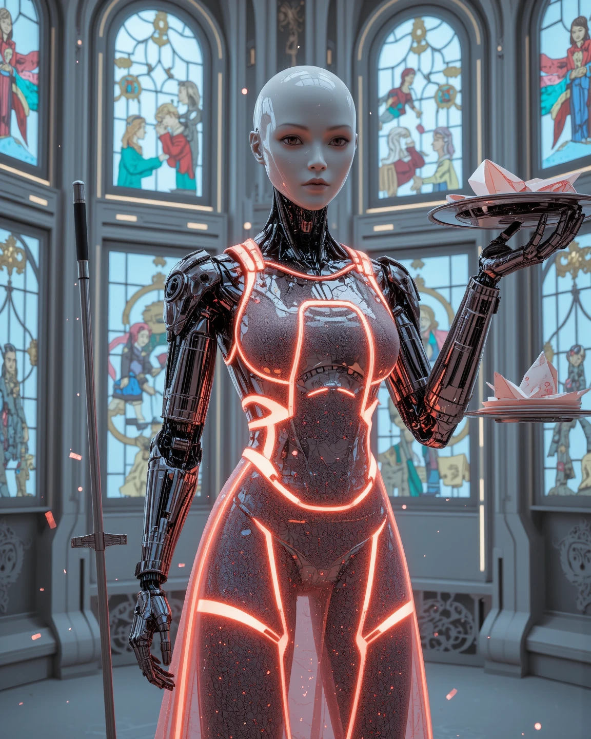 Housework Queen” — a majestic AI master of order, Kontrolle und Anmut. She wears a translucent apron made of nanofiber fabric, that shimmers in the light like morning dew. In one hand she holds a floating mopping stick, the UV light and disinfectant mist emits. In the other a floating serving plate with gourmet dishes — from algorithms composes, With poetry