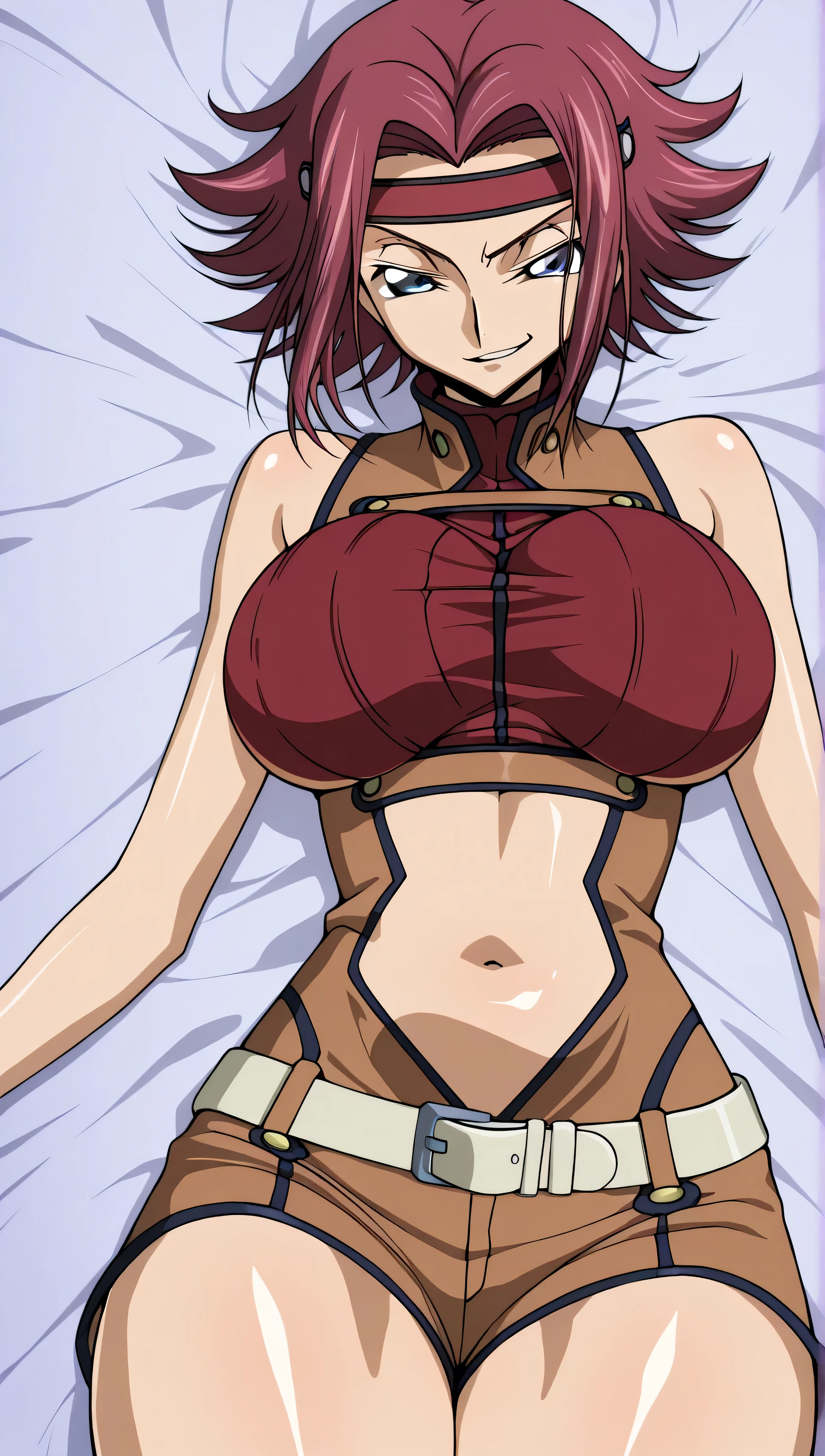 code gias: Lelouch of the Rebellion/Kallen Stadtfeld, blue eyes, Red hair, short hair,
Red hair, Spike Hair, short hair, side lock, blue eyes, Red Headband, bare skin shoulders, red turtleneck from above, sleeveless turtleneck on the back, Brown Jumpsuit, , belly button, White Belt, Brown Shorts, , Red thighs,, ,, stare at viewers lying down, , (shiny skin:1.5), cowboy shot, smile,Indoor,big boobs,big thighs,,(smirk:1.5),stare at viewers lying down,anime style,High Quality,masterpiece,very detailed,0bc1w,1girl,solo,belly button,short pants,
