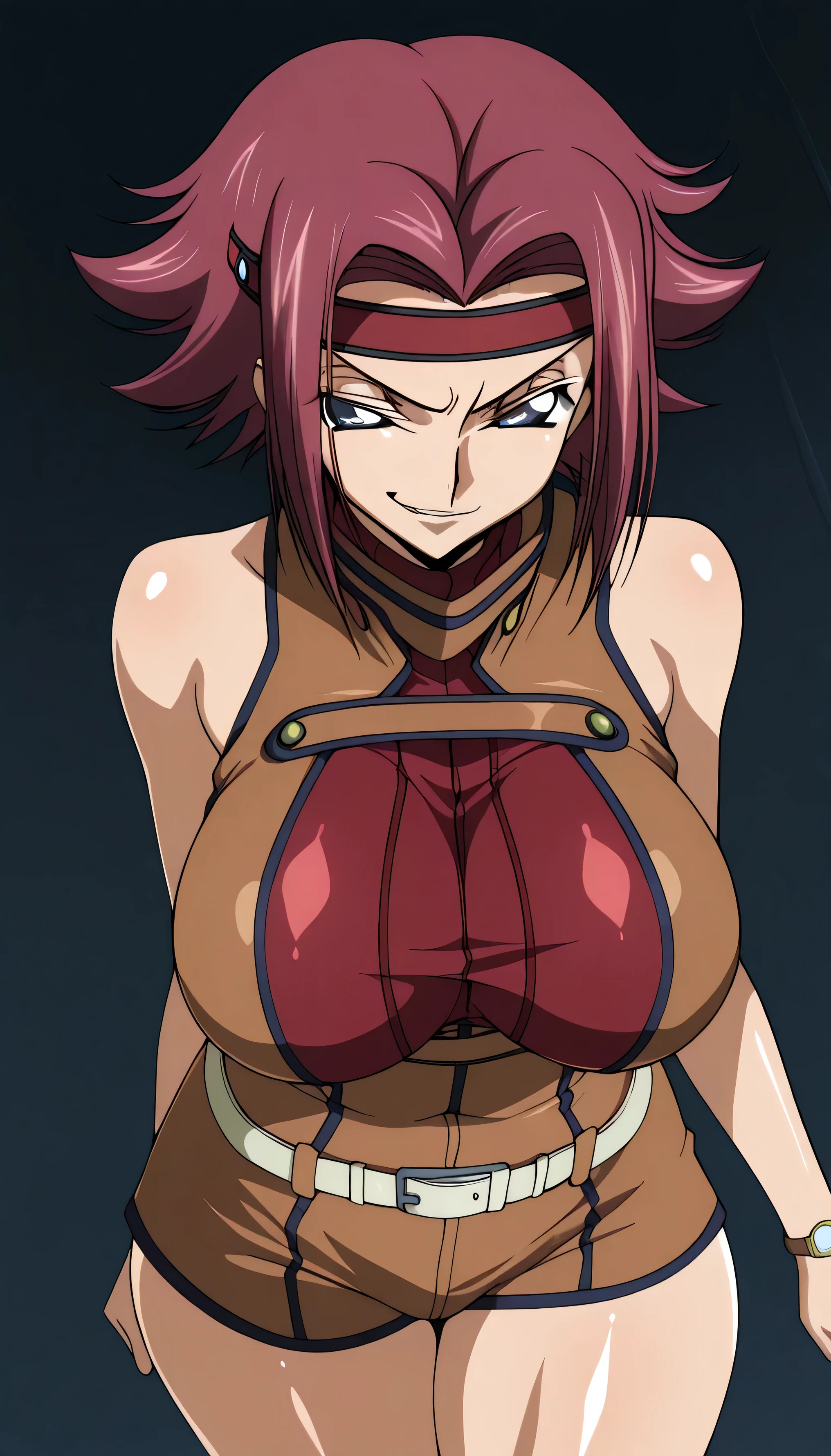 code gias: Lelouch of the Rebellion/Kallen Stadtfeld, blue eyes, Red hair, shorthair,
Red hair, Spike Hair, shorthair, side lock, blue eyes, Red Headband, bare skin shoulders, red turtleneck from above, sleeveless turtleneck on the back, Brown Jumpsuit, , belly on, White Belt, brown shorts, , Red thighs,, ,, Watch Viewers, , (shiny skin:1.5), cowboy shot, smile,Indoor,big boobs,big thighs,,(smirk:1.9),Watch Viewers,anime style,High Quality,masterpiece,very detailed,0bc1w,1girl,solo,