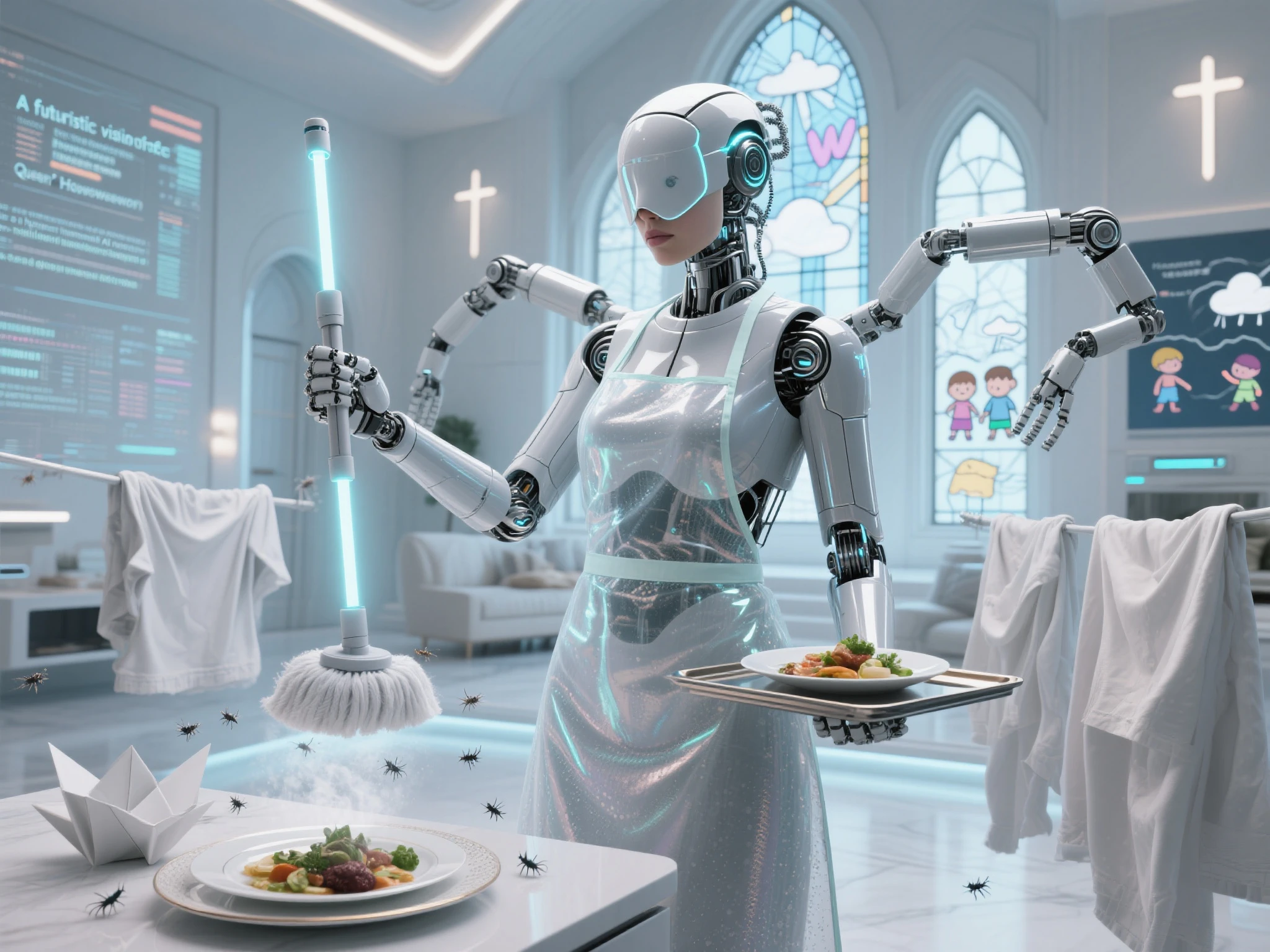 Housework Queen” — a majestic AI master of order, Kontrolle und Anmut. She wears a translucent apron made of nanofiber fabric, that shimmers in the light like morning dew. In one hand she holds a floating mopping stick, the UV light and disinfectant mist emits. In the other a floating serving plate with gourmet dishes — from algorithms composes, With poetry