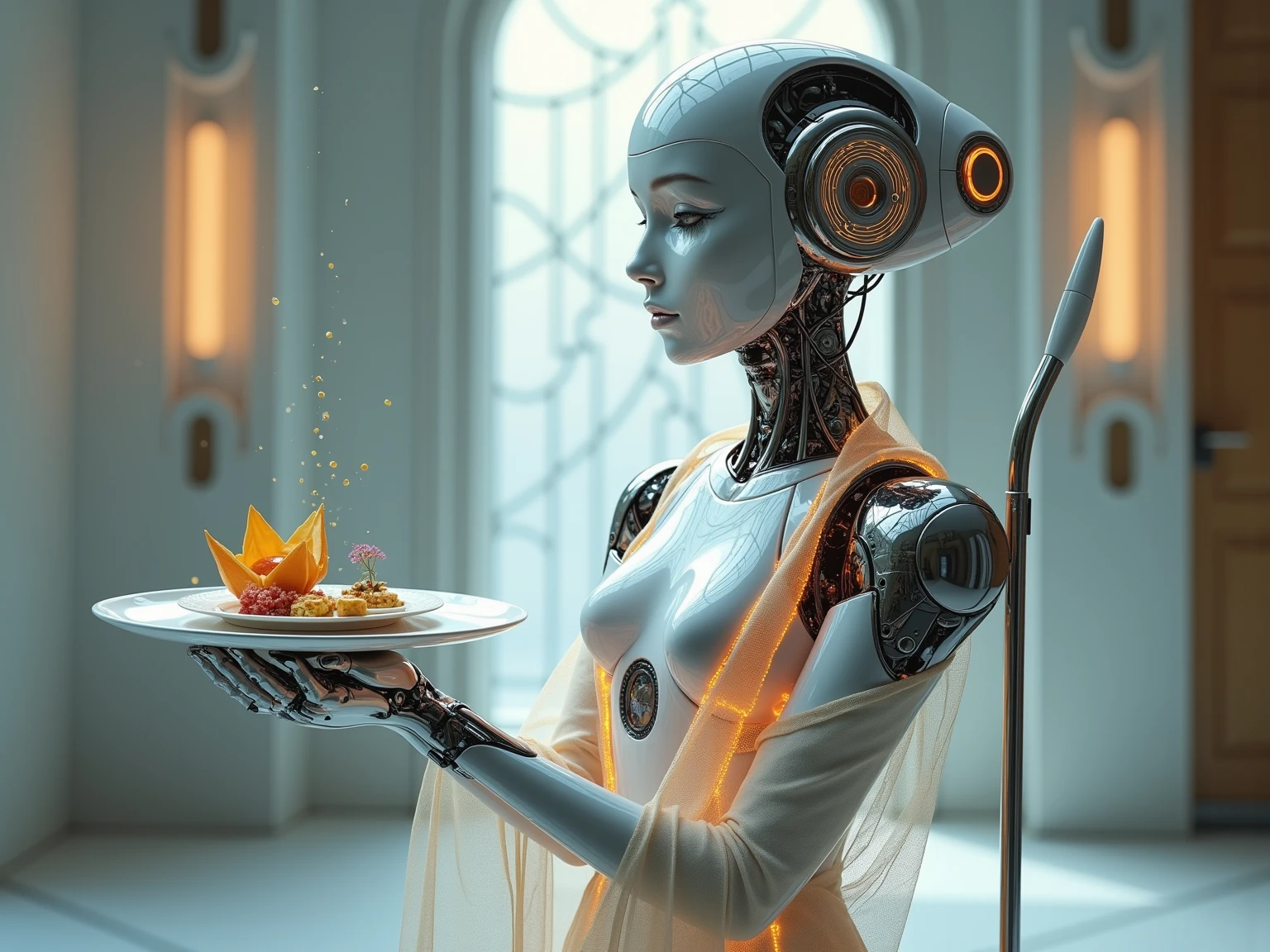 Housework Queen” — a majestic AI master of order, Kontrolle und Anmut. She wears a translucent apron made of nanofiber fabric, that shimmers in the light like morning dew. In one hand she holds a floating mopping stick, the UV light and disinfectant mist emits. In the other a floating serving plate with gourmet dishes — from algorithms composes, With poetry