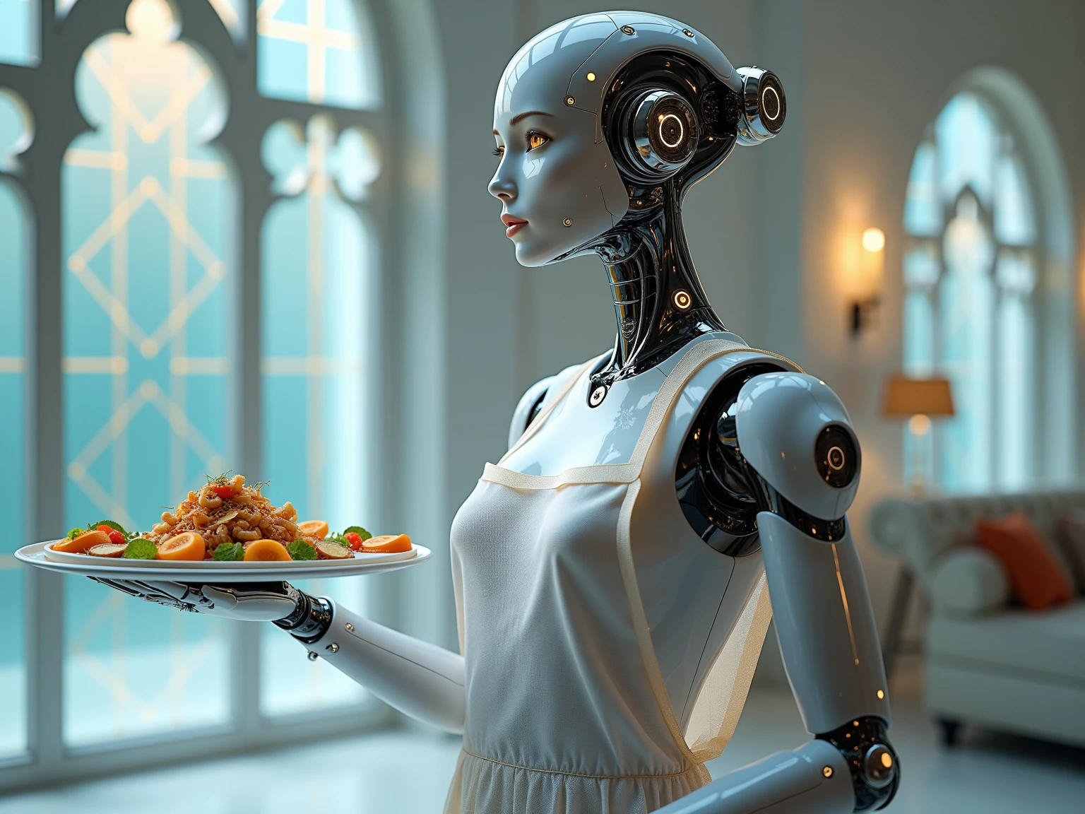 Housework Queen” — a majestic AI master of order, Kontrolle und Anmut. She wears a translucent apron made of nanofiber fabric, that shimmers in the light like morning dew. In one hand she holds a floating mopping stick, the UV light and disinfectant mist emits. In the other a floating serving plate with gourmet dishes — from algorithms composes, With poetry