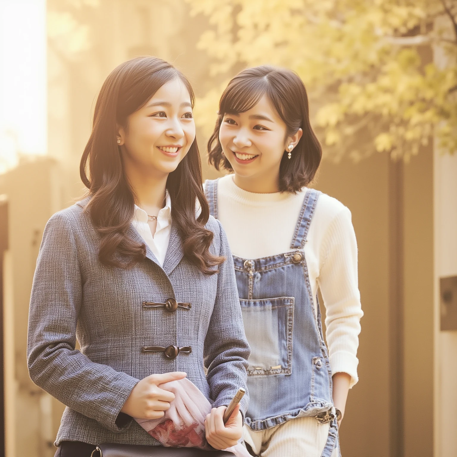 masterpiece , Highest quality , Very detailed , 8k , Cute Woman , One girl , blouse , bangs , smile , White teeth , Symmetrical eyes, 半袖blouse、mini skirt、Red Heels、Summer daytime、Talking with a friend in front of the campus building、