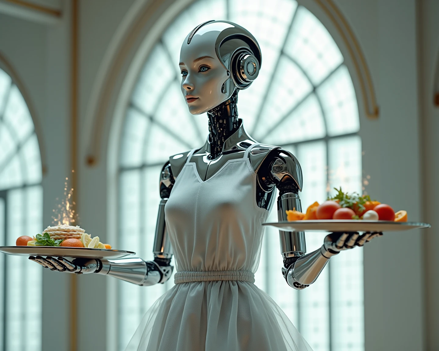 Housework Queen” — a majestic AI master of order, Kontrolle und Anmut. She wears a translucent apron made of nanofiber fabric, that shimmers in the light like morning dew. In one hand she holds a floating mopping stick, the UV light and disinfectant mist emits. In the other a floating serving plate with gourmet dishes — from algorithms composes, With poetry