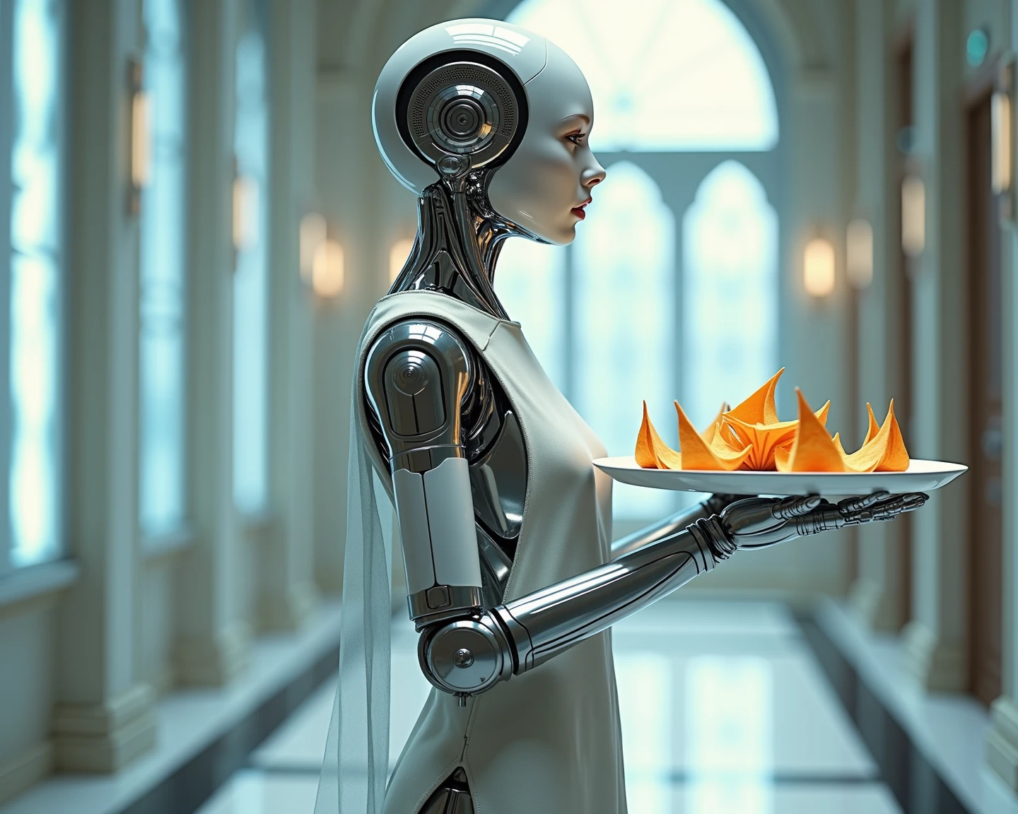 Housework Queen” — a majestic AI master of order, Kontrolle und Anmut. She wears a translucent apron made of nanofiber fabric, that shimmers in the light like morning dew. In one hand she holds a floating mopping stick, the UV light and disinfectant mist emits. In the other a floating serving plate with gourmet dishes — from algorithms composes, With poetry