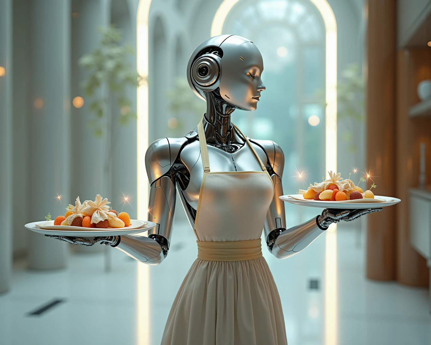 Housework Queen” — a majestic AI master of order, Kontrolle und Anmut. She wears a translucent apron made of nanofiber fabric, that shimmers in the light like morning dew. In one hand she holds a floating mopping stick, the UV light and disinfectant mist emits. In the other a floating serving plate with gourmet dishes — from algorithms composes, With poetry