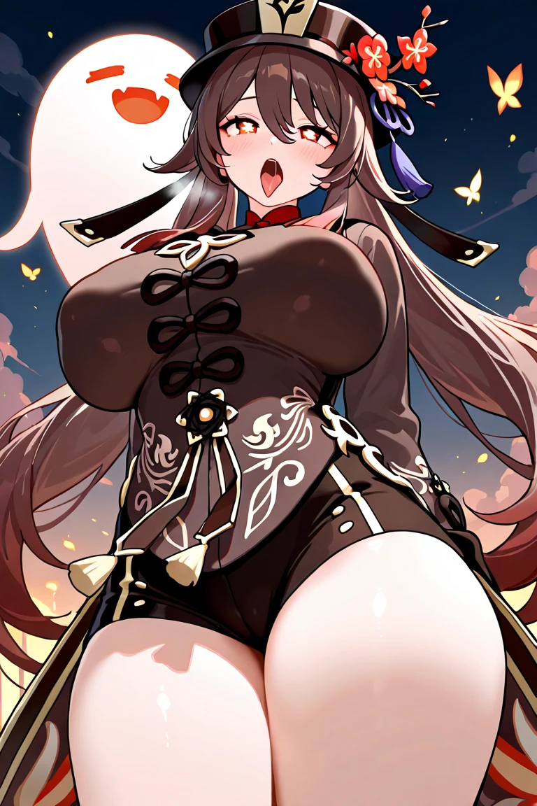 HuTao_Genshin, Black shorts, :D, flower, Black tiara, Very long hair, Long hair, double tails, Brown hair, shoes, Red eyes, blackfootwear, ((Cowboy shot)), hair between eye, side locks, pupils in symbol shapes, Smile, Solo, Hat, Short shorts, Shorts, Chinese clothes, Open mouth, Socks, kneehighs, White socks, hat ornament, Double V, Long sleeves, 1girll, Blush, view the viewer, Chinese town, Town, sky, Clouds, Night, casa, City, (Thighs), ((Curvy body)), ((street)), (White socks), Chinese, Chinese style background, Huge breasts, Sitting,semi-bare,Sexy big ass,Fiddling with sexy ass,Expose sexy breasts,Big breasts that expose the ,Protruding anteriorly and posteriorly,gigantic cleavage breasts,Knead your breasts and have fun,Be red in the face