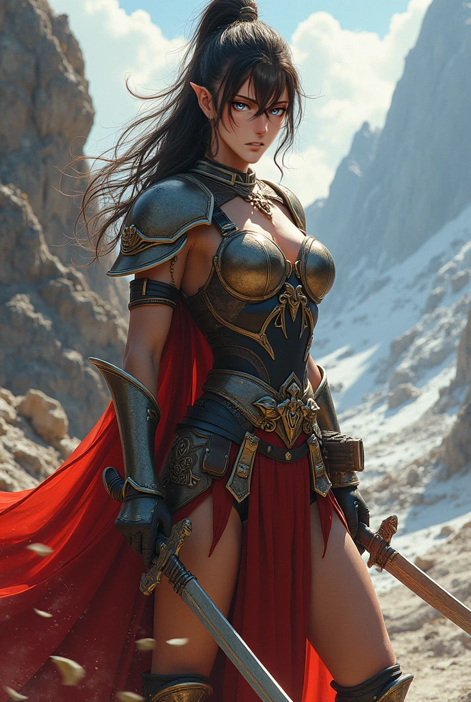 (masterpiece, top quality, best quality, official art, beautiful and aesthetic:1.2), (1girl:1.3), ((Sharp facial features, sharp features, hawkish features)), ((big hair, long black hair, ponytail)), big tiddy chaos warrior girl, extremely detailed, portrait, looking at viewer, solo, (full body:0.6), detailed background, full-body shot, (hot desert mountain theme:1.1), chaos warrior, (spiky helmet), charlatan, smirk, mysterious, swaying in mountains, armor, red metal, brass trim, long boots, dual axes, blood red fabric, pelvic curtain, loincloth, black leather, ((((armor, heavy armor, blood, armored, gigantic breasts, long legs, pelvic curtain, toned, muscular)))), cute belly button, toned tummy, slim waist, slim hips, long legs, medieval (mountain exterior:1.1) background, dark mysterious lighting, shadows, magical atmosphere, dutch angle