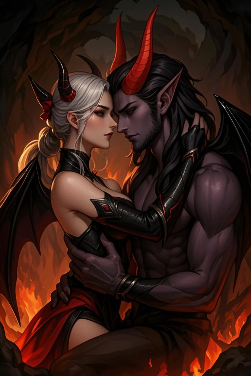 Two demons having sex in a fiery fantasy world