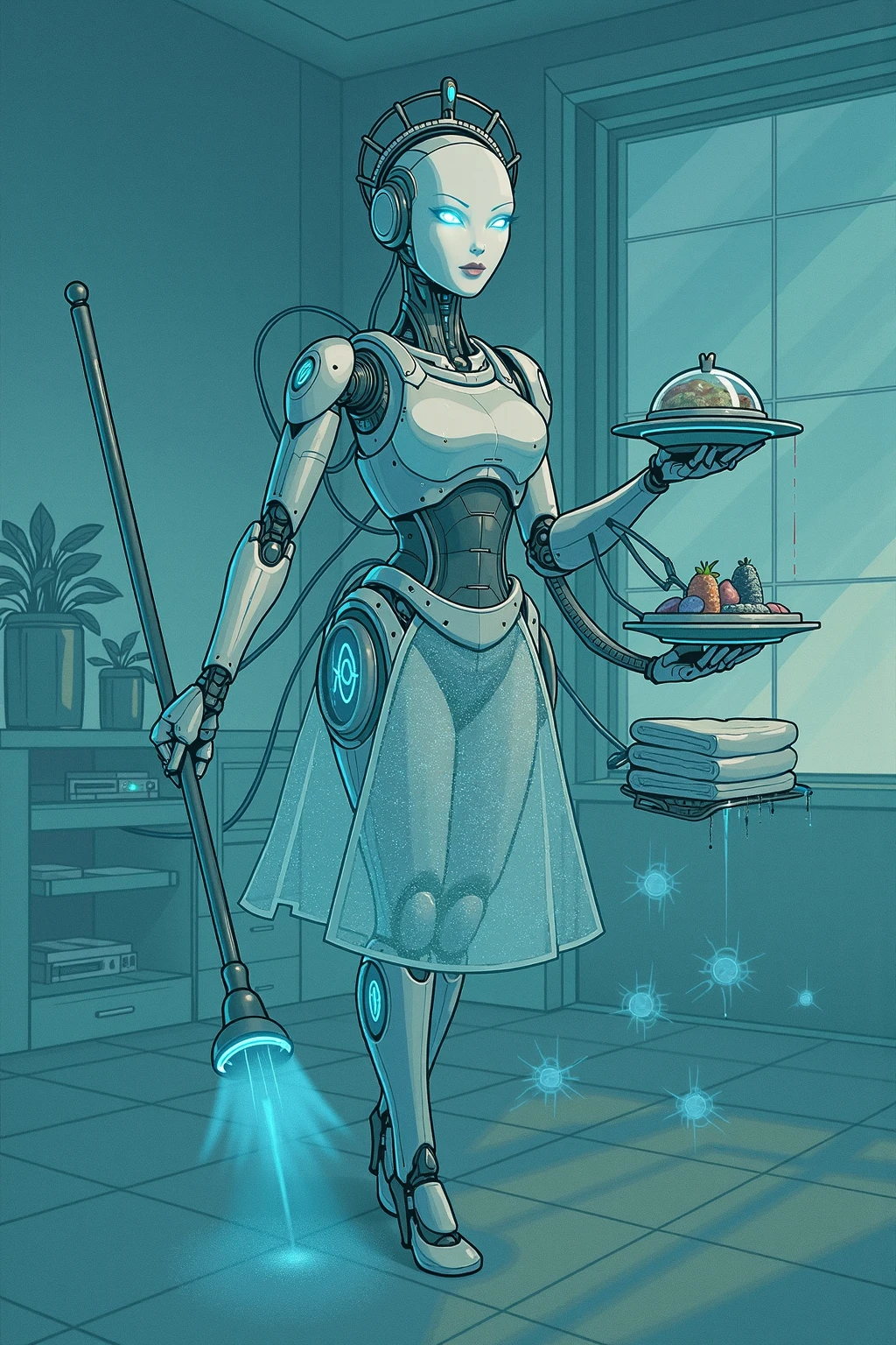 Housework Queen” — a majestic AI master of order, Kontrolle und Anmut. She wears a translucent apron made of nanofiber fabric, that shimmers in the light like morning dew. In one hand she holds a floating mopping stick, the UV light and disinfectant mist emits. In the other a floating serving plate with gourmet dishes — from algorithms composes, With poetry