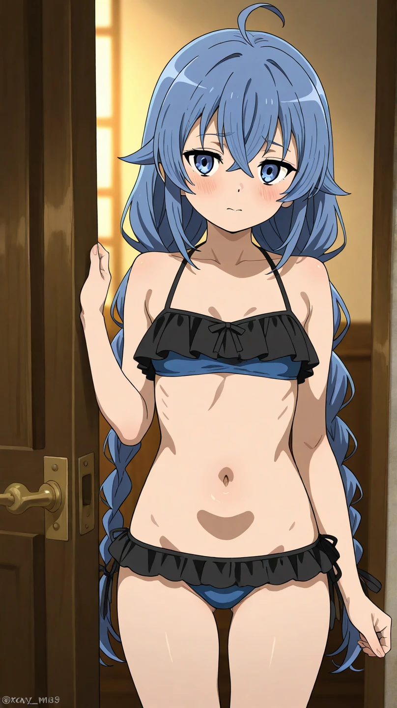 anime girl, 18 years old, long blue hair, small breasts, blue bra, blue panties, bare feet, library, bookcases, books, standing, dramatic lighting, Rembrandt lighting, cinematic lighting, evening, nighttime