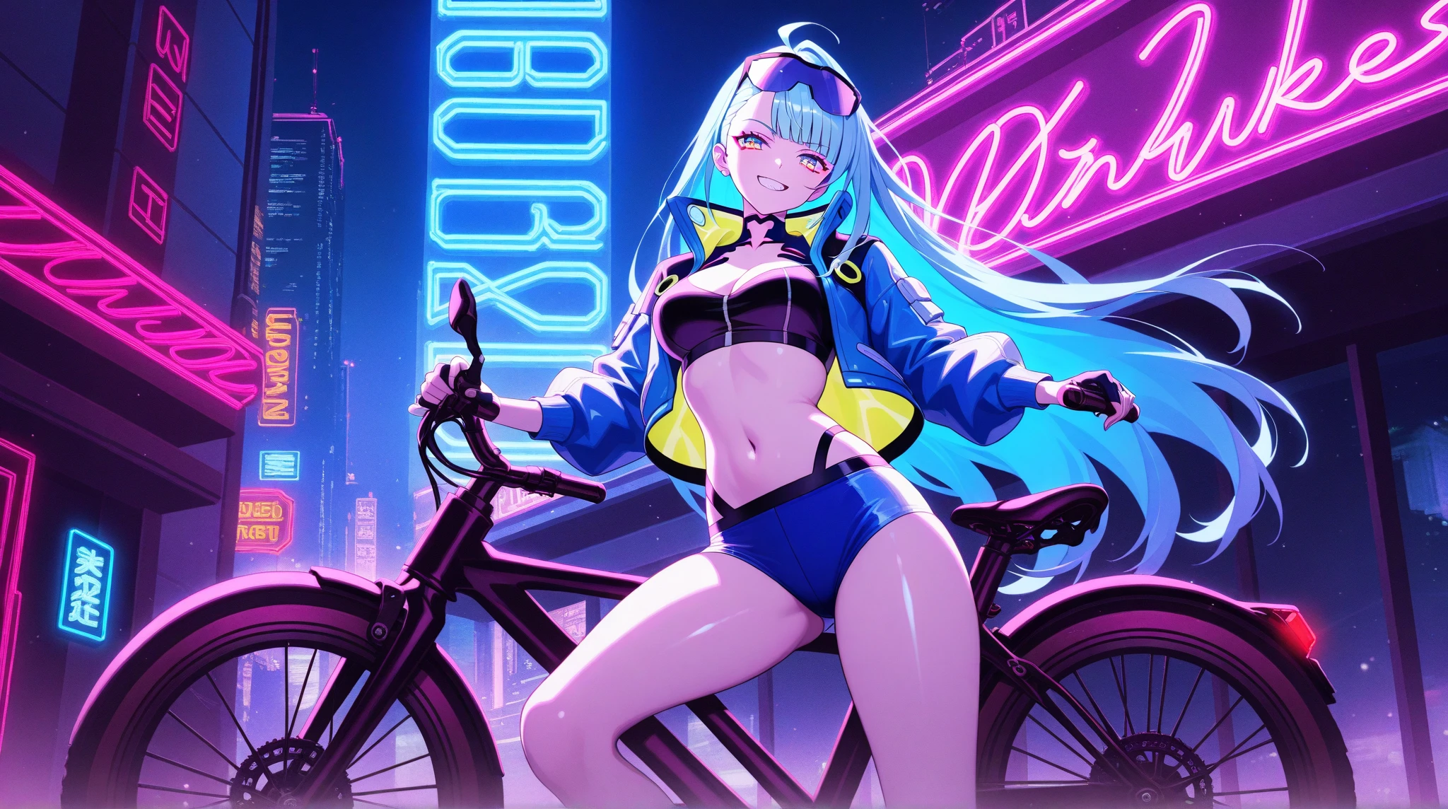 (best quality, masterpiece), 2girls, hologram, cyberpunk, neon, fog, (cartoon: 1.5), thong, tight, small, neon signs, ramen shop, fishnet stockings very low, transparent, very long hair, on piece suit, latex