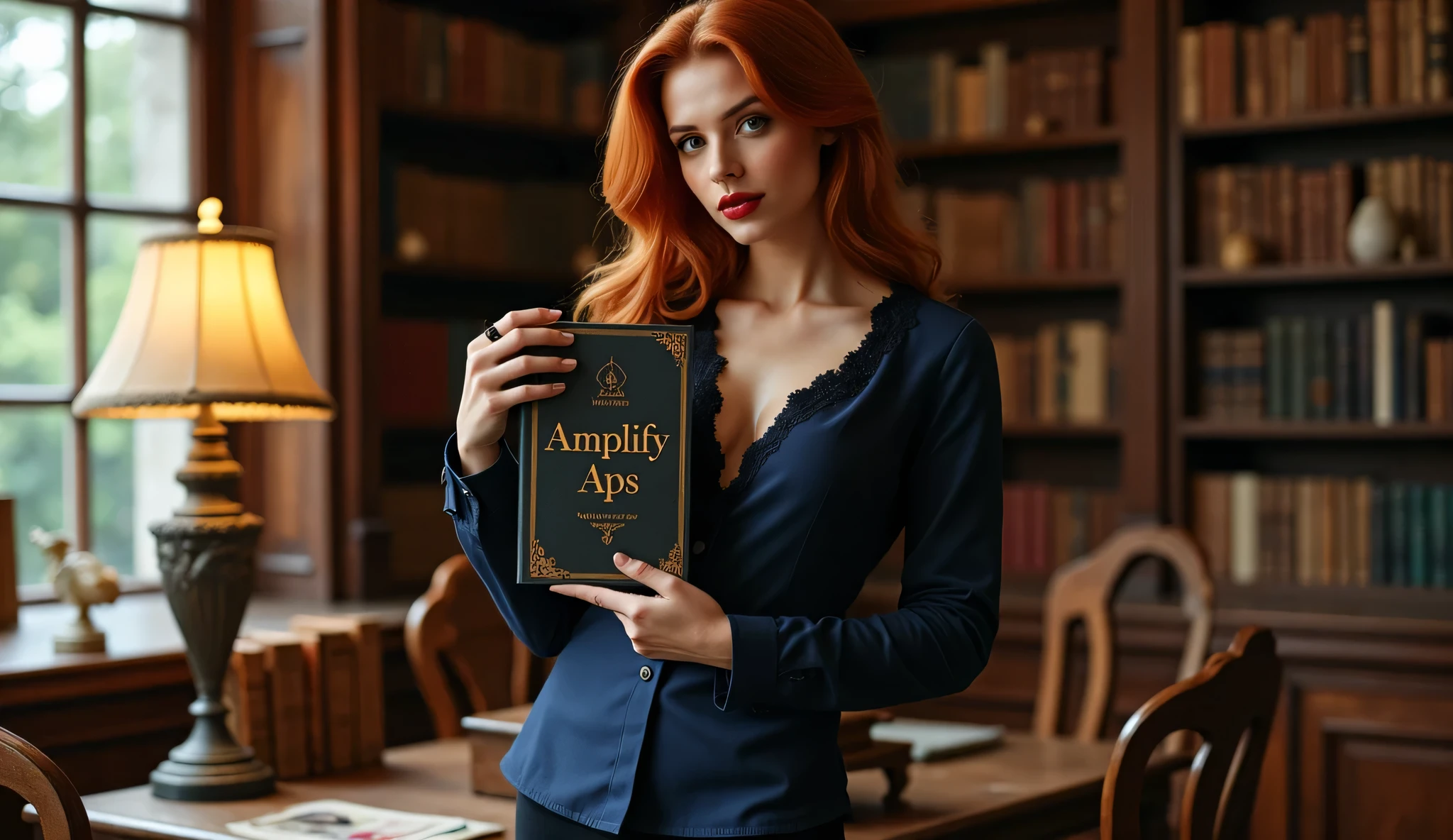 detailed style, big breasts, nikon, 35mm, (no lens flare:1.5), UHD, masterpiece, accurate, ultra sharp photo, textured skin, super detail, high details, high quality, 4K, depth of field, analog, award-winning nature photograph, (masterpiece:1.5), extremely detailed body,In an old library room, warm colors, old atmosphere, old wooden desk with a fine old lamp, shows the entire body, slim sexy body with hourglass figure, in hands a book from with cover text "Amplify ApS", she holds the book up to the camera, Feet in view, red hair, dark blue long shirt with romantic laces, covering the hips, big clear eyes, almond shaped eyes, full very very plump red lips, very big sensual lips, vivid red lipstick, beautiful thin legs, Tight ankles, elegant stillettos, Black pantyhose, Das Ultra -Die High-Definition、The ultra-detailed、elegant standing figure、Create a slim lower body curve、expression of adult femininity、intellectual look with glasses, Huge windows,