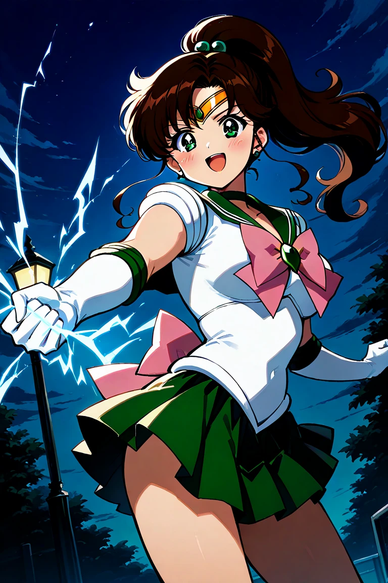 (masterpiece, best quality, very aesthetic, ultra detailed), intricate details, 4k, aajupiter, long hair, brown hair, ponytail, hair bobbles, tiara, earrings, green eyes, green choker, green sailor collar, pink bowtie, white shirt, elbow gloves, white gloves, green skirt, pleated skirt, bare legs, <lora:sailor_jupiter_animaginexl_v2:0.9>, magic, lightning, night, standing, cowboy shot