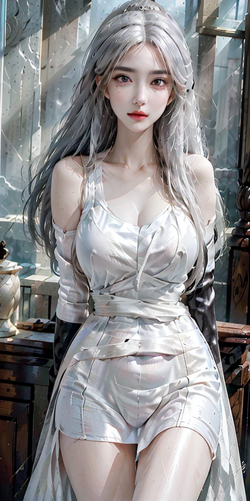 photorealistic, high resolution, soft light,1women, solo, hips up, shinning skin, (detailed face), jewelry, tattoo, (blindfold), breasts, cleavage, cleavage cutout, clothing cutout, hair between eyes, hairband, highres, juliet sleeves, long sleeves, nier (series), nier automata, puffy sleeves, red lips,yorha no. 2 type b