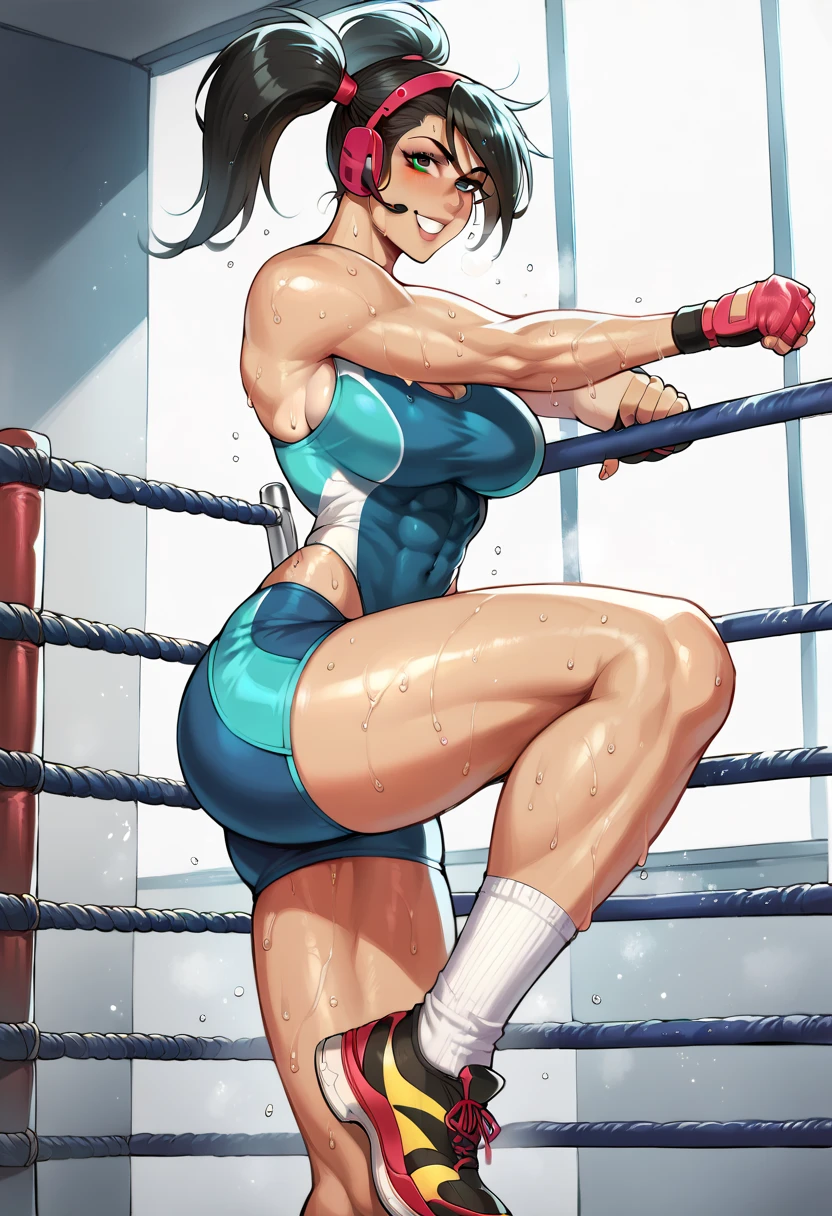 Boxing Match between muscular woman and guy, girl knocks out guy and does victory pose