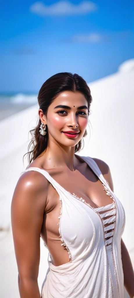 close-up body portrait, showing navel and midriff, (beach photoshoot), ((best quality)), masterpiece, 8k wallpaper, nikon, cinematic lighting, medium hair, ((blue iris)), (photorealistic:1.4), (pooja hegde), (as model), (deep cleavage), bikini, black hair