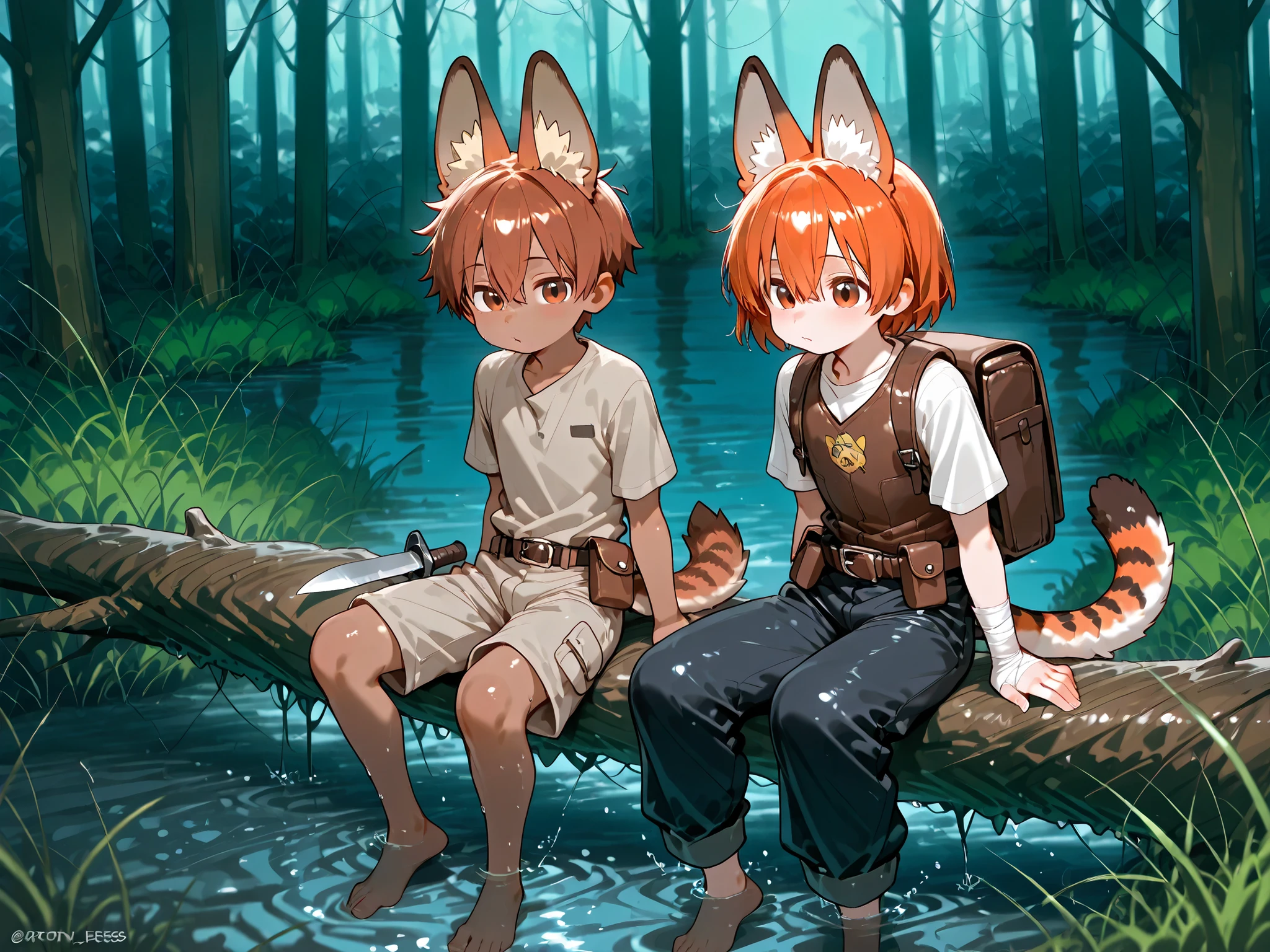 (1 MALE character,little boy child,young boy) little boy Neko , he is a cat beastman. He has a petite build, tanned skin . He has bandages on shins and wrists and his feet and palms look like feline paws with claws. He has a long spotted tail with a black tip. he has serval ears on his head with black tassels at the ends. He has short fluffy cream-brown-orange hair with a shortcut and long side bangs strands. He has red-brown eyes. He is wearing a short-sleeve loose-fitting shirt, a leather vest, and knee-length trousers. He has a small adventurer's backpack on his back, and on his belt is a pouch and a scabbard for a small hunting knife. On the background : a dead forest, a rotten swamp, dry trees and rotting stumps on which black toadstools grow, tall dry grass and muddy swamp water are everywhere. Crows are sitting on dry branches. fogy rainy weather.