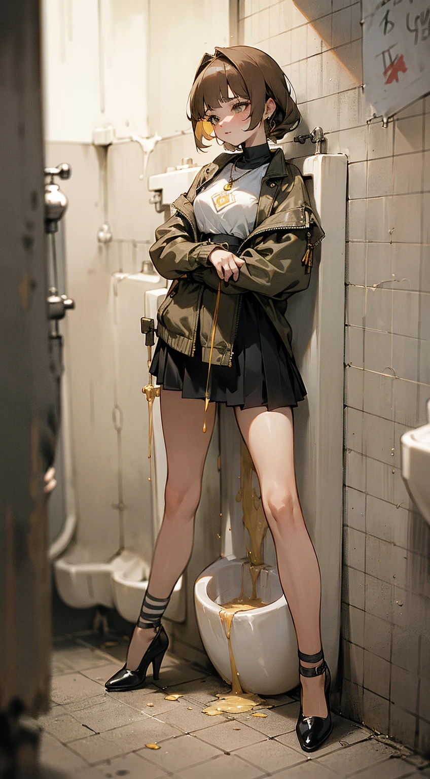 (masterpiece), ((Highest quality)), (Very detailed), (Beautiful eyes Beautiful details Eyes, Clean and delicate face), (whole body, Are standing), Single braided blonde ponytail, Parted bangs, amount, blue eyes, smile, Wearing a blouse, Leather mini skirt, pantyhose, thigh, High heels, Simple color background((Kime sex、Drug Lover、junky、Ecstasy face、The pleasure of drowning in ecstasy、Face distorted by pleasure、Overdose face))(((Be incontinent))), (((Peeing))), (((Peeing on your own))), (Pee running down my legs)((Helping girls))((Daddy Girl))((Graffiti on the body))((afterwards))((Human toilet bowl))((Drinking pee))