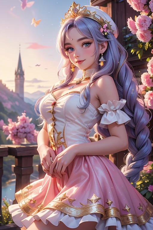 Palace with a cute girl, das im Bikini davor sitzt, Bikini lila, grosser palast, Palast Purble Pink, Grand Palace, Middle breast of the girl, Sitzen vor der Burg 4K, cartoon girl, girl more in the back, teengirl