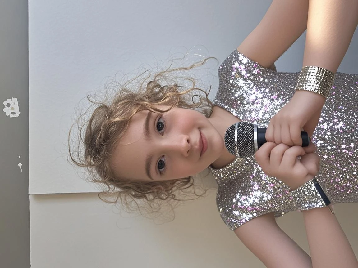 Saint-Malo, 1940. A little ((((12-year-old)) Marie-Laure LeBlanc)), freckles, with a radio microphone, ((((clothings from the 1940s)))), ((dark hairstyle of the 1940s))