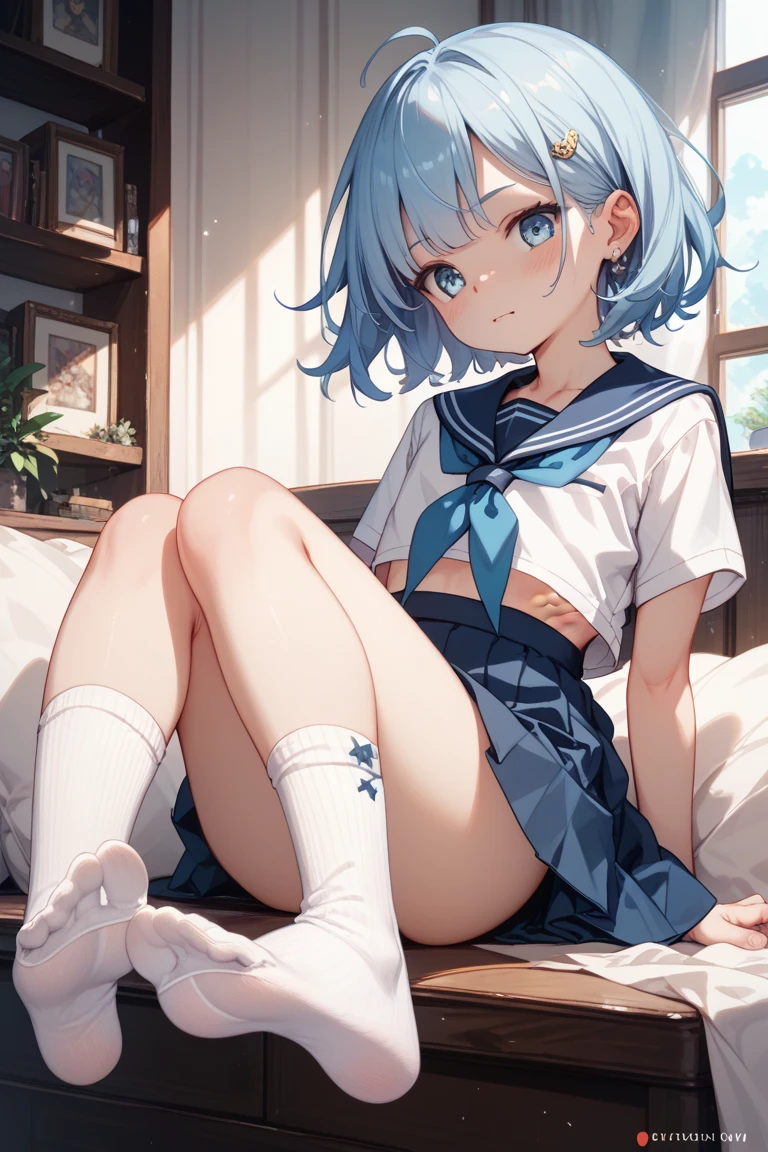 solo, High resolution, Bangs between the eyes, Highest quality, masterpiece, detail, High-resolution model, Ultra high definition, girl,  anime, cute, Shiny Hair, One girl, Blue Hair/Light blue hair, medium Perm Hair , fair skin, Gleeful laughter, Shining countenance , 35mm lens, f/1, age 20, clear sky with fluffy clouds, Flat Design, open mouth, school uniform, long sleeve shirt, cheerful, own hugging feet, 