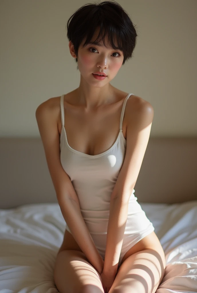 Short Hair Woman、hair is semi-long and dark brown,、Looking calmly at the camera、Sit on the bed、Lean slightly forward towards the camera、White camisole、Raising his arms、Showing her side。The tight fit is emphasized、、Part of the living space、Indoors in low lighting、A slightly cooler tone of light、a quiet and private space、Calm atmosphere、Short bangs、Young Japanese、Round face