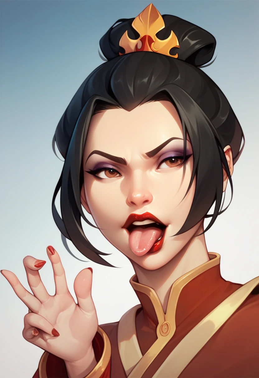 source_western, Azula,  1girl,  avatat,shirt up, nipples, breasts out, brown eyes, big breasts,bathroom setting, dark background, upper body selfie, holding a phone, closeup shot, cute smile, wink, showing tip of a tongue, score_9, score_8_up, score_7_up, score_6_up, score_5_up, score_4_up,