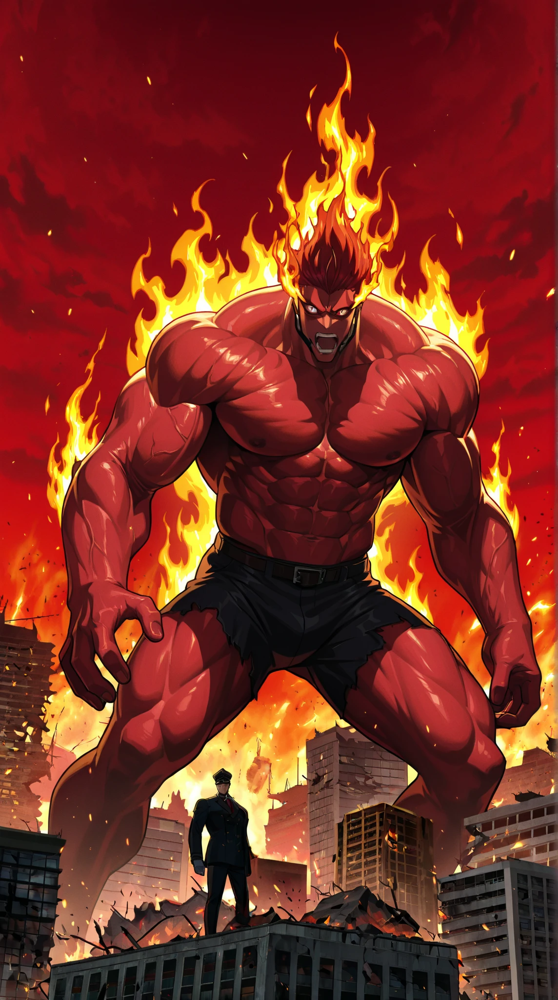 red hulk, fire on his hands, black shorts, red eyes, big muscles.