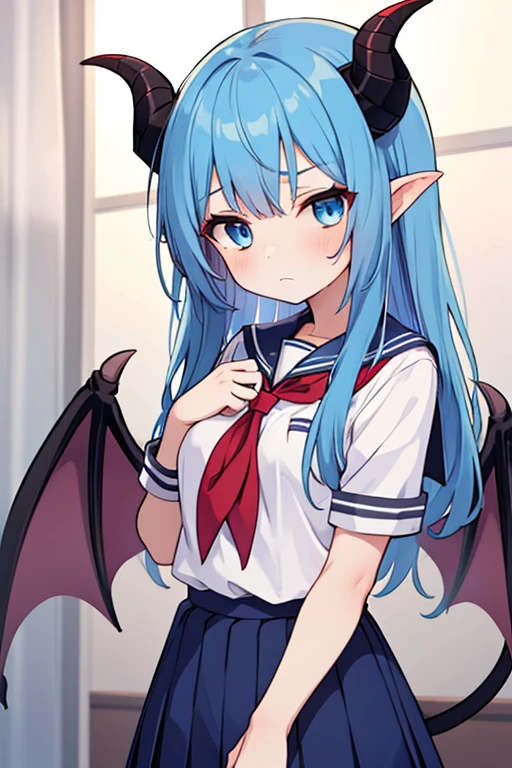 a female dragon anthro in the city wearing aschool uniform, she have blue long hair, orange eyes, curvy horns, large wings and spiked tail. dragontoonflux