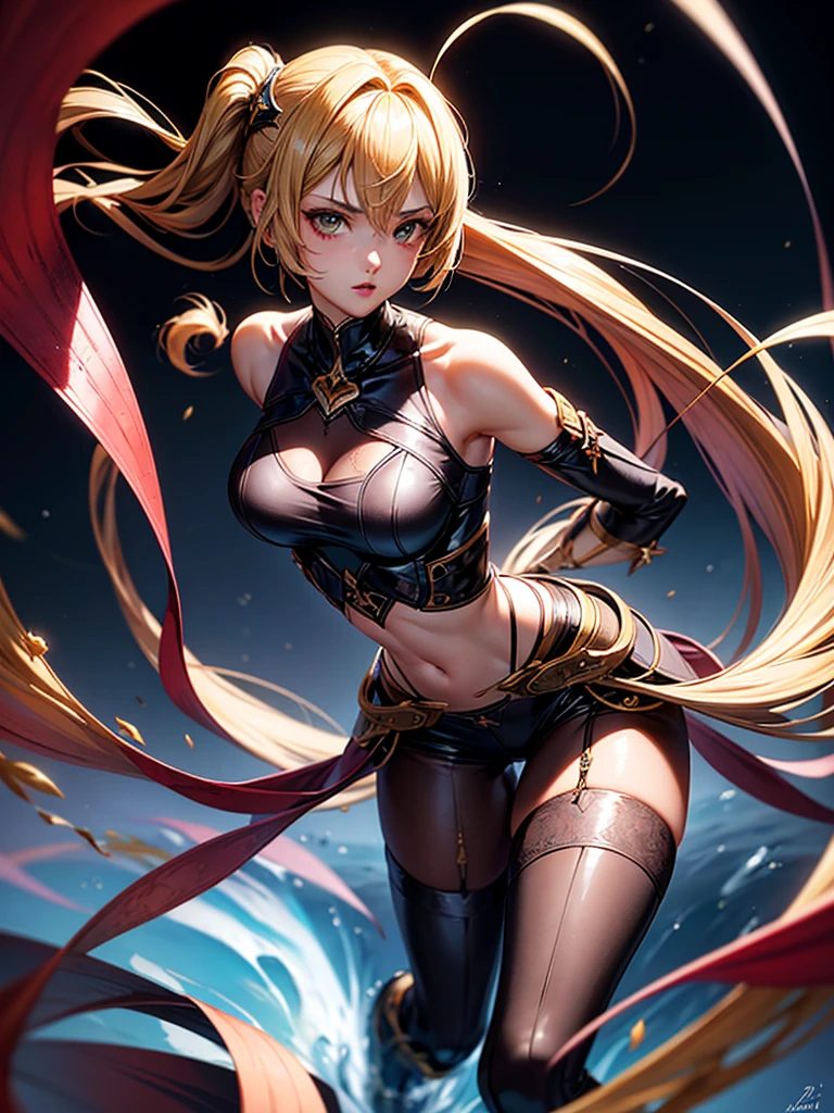 (masterpiece, best quality:1.2), <lora:fireemblem_ophelia-10:1>, cowboy shot, solo, 1girl, ophelia \(fire emblem\), smile, looking at viewer, blonde hair, ahoge, circlet, turtleneck, center opening, thighhighs, bridal gauntlets