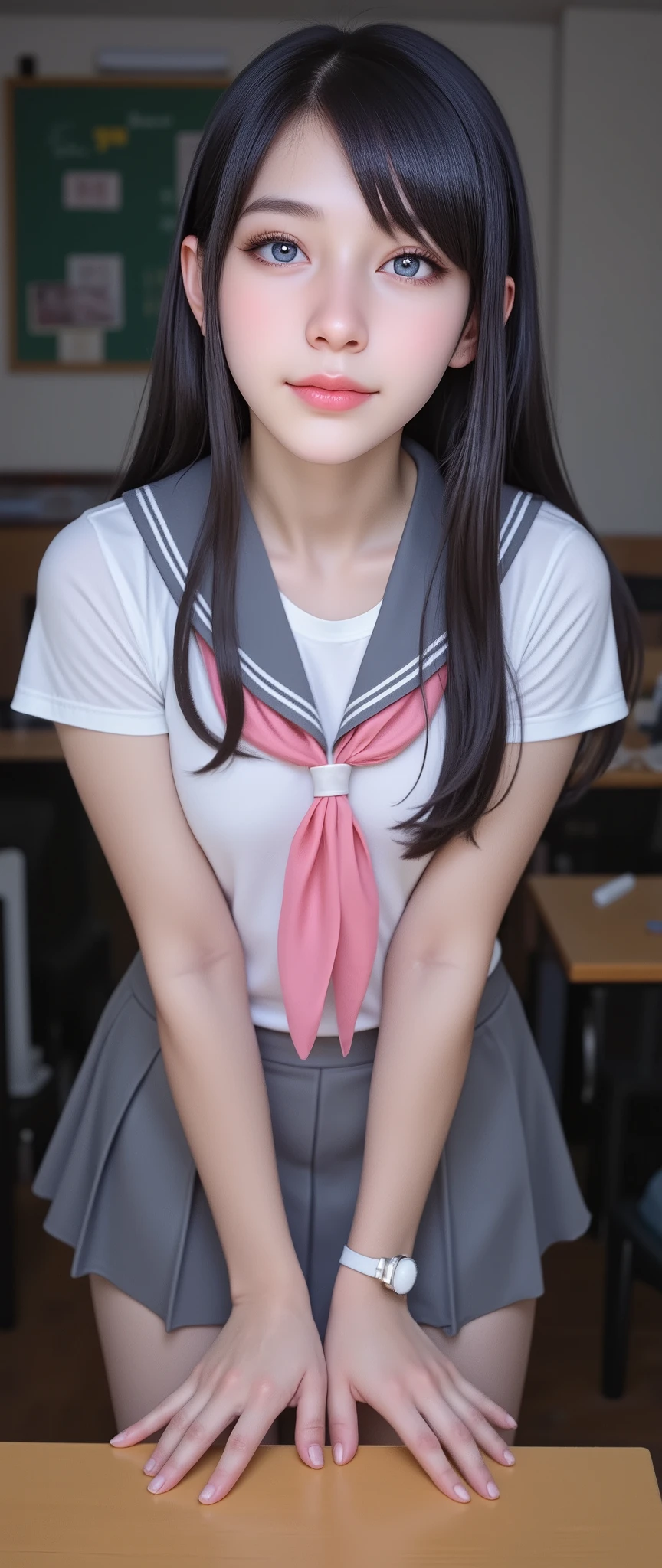 score_9, score_8_up, score_7_up, source_anime, rating_safe, expressive eyes, perfect face, illustration, ayase aragaki, small chest, long hair, cat ears, blue eyes, black hair, hair between eyes, beautiful_female_fingers,(4_fingers and 1thumb on hand), perfect hand, , skirt, school uniform, serafuku, shirt, white shirt, grey sailor collar, grey skirt, pleated skirt, neckerchief, pink neckerchief, indoors, classroom, bent over, smile, looking at viewer, cowboy shot, solo, dutch angle, feminine beauty, beautiful face and mesmerizing beauty:1.2,seductive, warm and detailed eyes:1.2, stary eyes:1.5, longfade eye brows, remarkable detailed pupils, dark kajal and long dark eye lashes:1.5, long dark eyebrows and dark heavy eyeliner:1.5, Matte eyeshadow and mascara:1.5