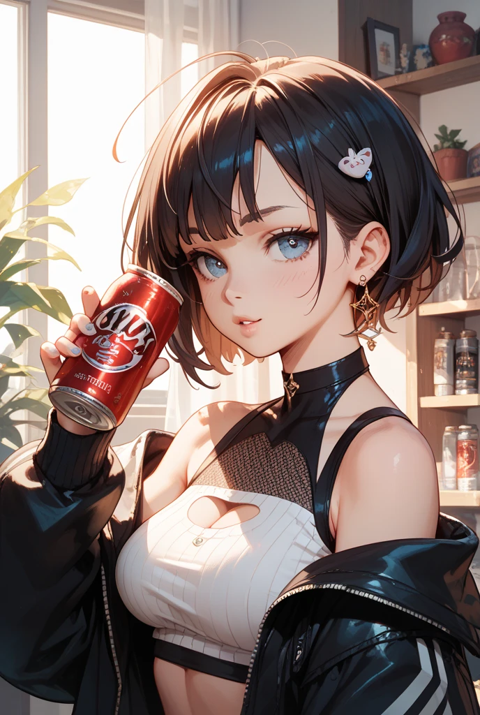 Masterpiece, highest quality, high resolution background, bright and beautiful atmosphere, 3 girls (2 years old, 1 short-tempered round face), 1  (hair, surface effects), big breasts, , upper body close-up, cleavage Holding a cold can of Jules, tight-fitting clothes, touching the can, winking, cheeks turning red, "deltamon_sdXL :0.73) >Deltamon"