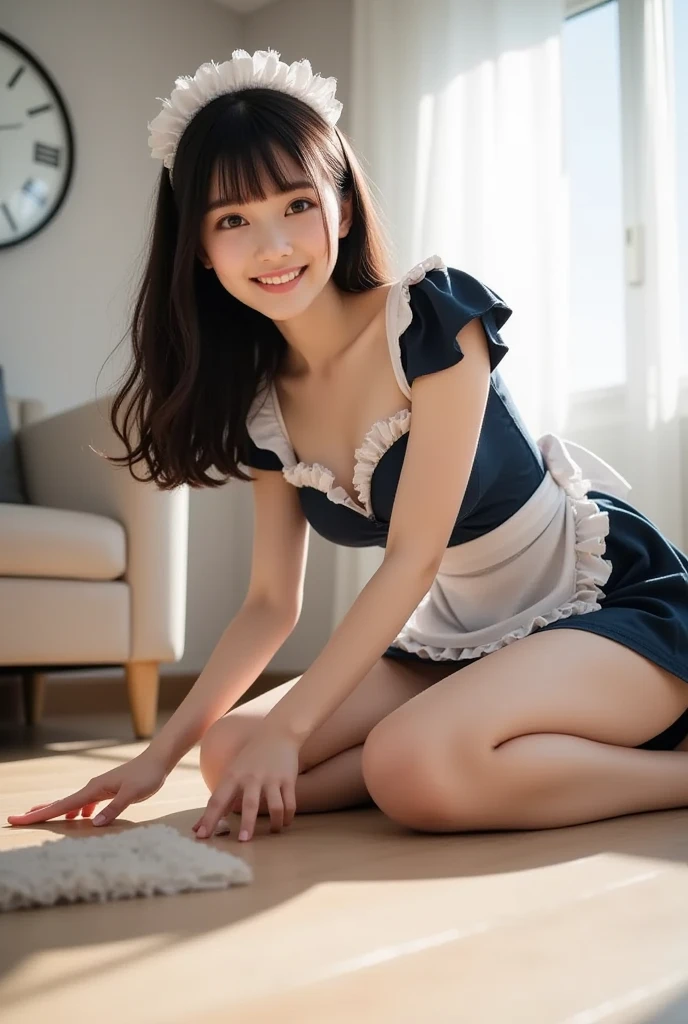 (1girl:1.4), cute, 11 years old, (loli:1.1), 8k, RAW photo, (photo realistic:1.37), ultra high res, best quality, small round face, big eyes, extremely detailed face and eyes, slender, thin thighs, slim legs, bangs, (bright lighting:1.1), (Backlit:1.1), (full body:1.3), smile, shiny skin, face lights, natural shading, bedroom, BREAK (shot from behind:1.2), (wearing miniskirt maid uniform:1.3), (short sleeves:1.2), (white thighhighs:1.2), ((accurate hands without incongruity)), (shoulder length hair:1.3), dynamic pose, (crawling on hands and knees:1.4),