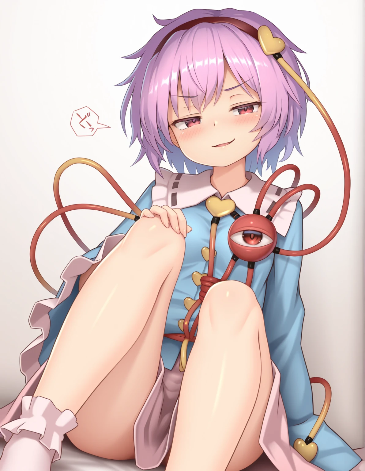 komeiji satori, 1girl, ahoge, pink hair, pink eyes, short hair, hairband, frilled shirt collar, blue shirt, pink skirt, floral print, long sleeves, wide sleeves, sleeves past wrists, heart, third eye,eyeball, nsfw, masturbation, spread legs, female fluids, female masturbation
